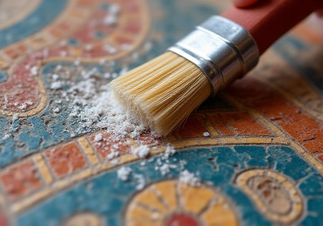 Detalle de un mosaico antiguo sufriendo erosión