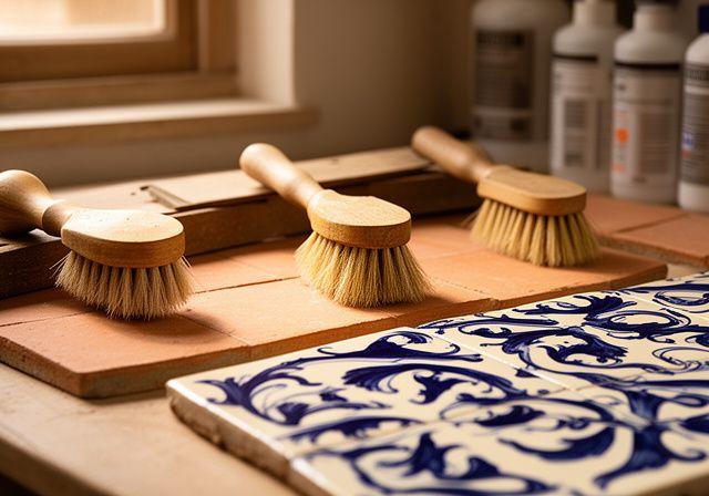 Detalle de herramientas de limpieza artesanal sobre azulejos